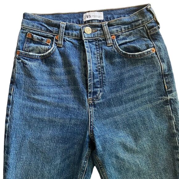 Zara | High Waisted Acid Wash Dark Blue Jeans, Size 4 - Picture 2 of 6
